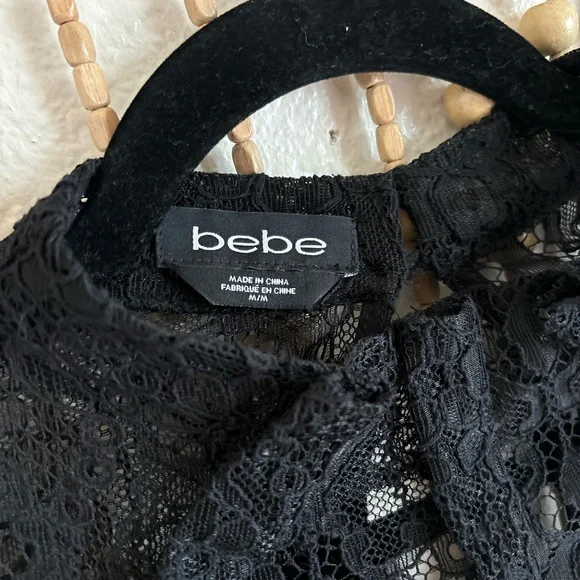 Bebe y2k Silk Victorian Goth Black Lace Sheer Long Sleeve Open Back Sexy Blouse - Picture 3 of 7